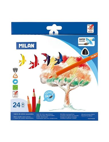 Lot de 24 crayons aquarellables triangulaires Milan + pinceau - Mine 2,9 mm - Trait uniforme - Incassable - Couleurs assorties