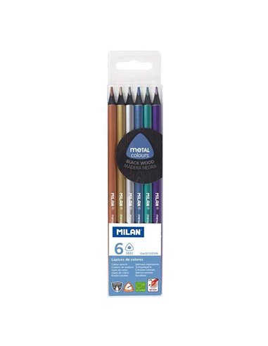 Lot de 6 crayons de couleur métalliques triangulaires Milan - Mine 2,9 mm - Ergonomiques - Incassables - Bois de tilleul - Coule