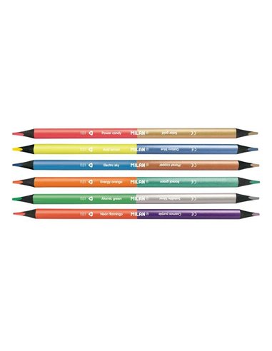 Lot de 6 crayons bicolores triangulaires Milan - Mine 2,9 mm - Forme ergonomique - Incassables - Couleurs fluorescentes et métal
