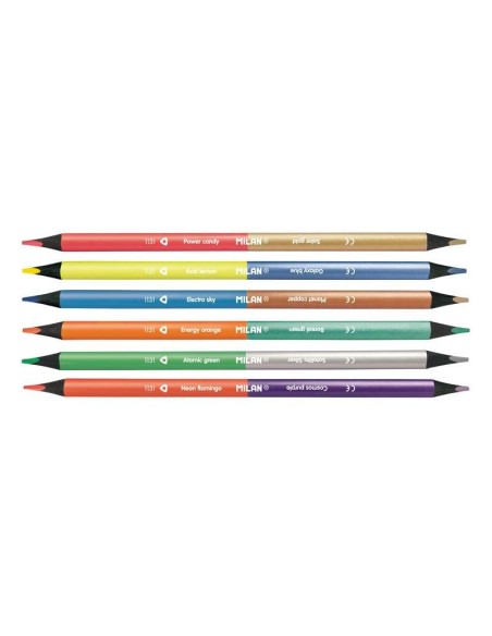 Lot de 6 crayons bicolores triangulaires Milan - Mine 2,9 mm - Forme ergonomique - Incassables - Couleurs fluorescentes et métal