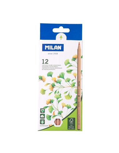 Lot de 12 crayons de couleur hexagonaux Milan - Mine 2,9 mm - Incassables - Bois certifié FSC - Couleurs assorties
