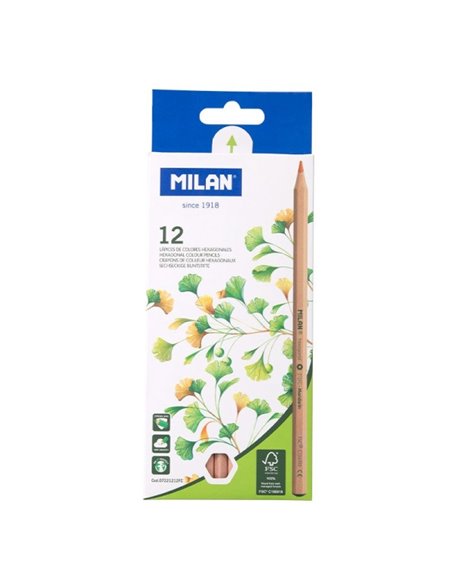 Lot de 12 crayons de couleur hexagonaux Milan - Mine 2,9 mm - Incassables - Bois certifié FSC - Couleurs assorties