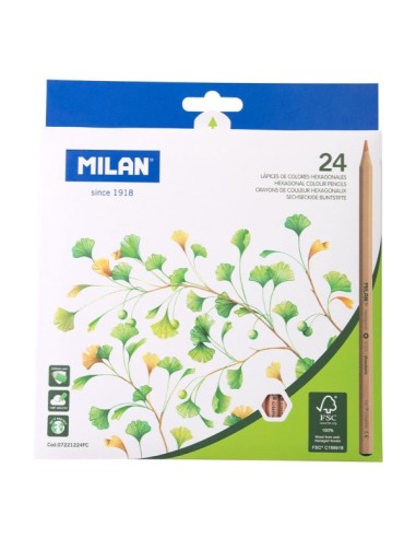 Lot de 24 crayons de couleur hexagonaux Milan - Mine 2,9 mm - Incassables - Bois certifié FSC - Couleurs assorties
