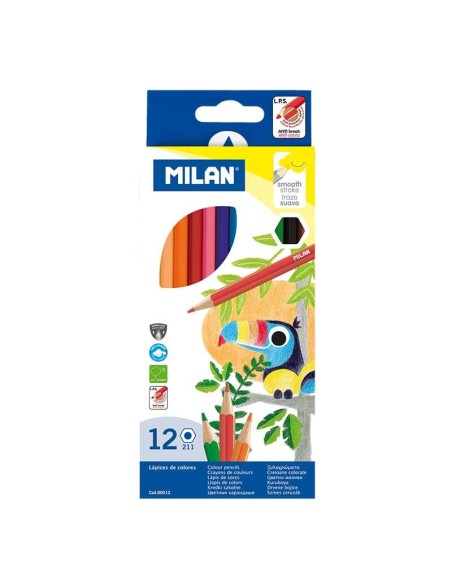 Lot de 12 crayons de couleur hexagonaux Milan - Mine 2,9 mm - Trait uniforme - Incassables - Couleurs assorties