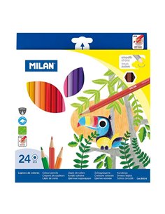 Lot de 24 crayons de couleur hexagonaux Milan - Mine 2,9 mm - Trait uniforme - Incassables - Couleurs assorties