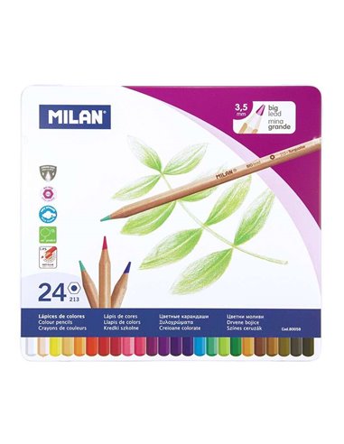 Boîte métallique Milan avec 24 crayons de couleur hexagonaux - Mine 3,5 mm - Trait uniforme - Incassables - Couleurs assorties
