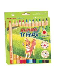 Alpino Trimax Lot de 12 crayons de couleur triangulaires épais + taille-crayon - Mine 5,4 mm - Résistant à l'eau - Plateau amovi