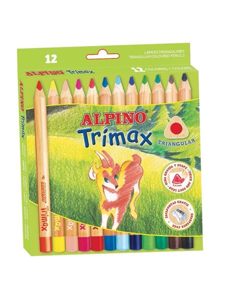 Alpino Trimax Lot de 12 crayons de couleur triangulaires épais + taille-crayon - Mine 5,4 mm - Résistant à l'eau - Plateau amovi