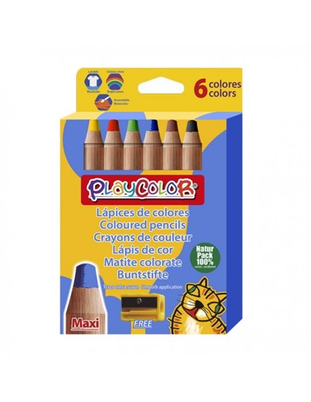 PlayColor Maxi Pack de 6 crayons de couleur à pointe épaisse + taille-crayon - Trait extra lisse - Convient pour papier, carton,