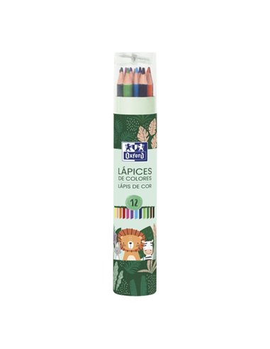 Tube de 12 crayons de couleur Oxford Animal Besties + taille-crayon - En bois - Crayons décorés de motifs animaliers - Couleurs 