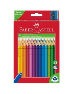 Faber-Castell Jumbo Junior Lot de 30 crayons de couleur triangulaires + taille-crayon - Mine incassable - Lavable - Couleurs ass