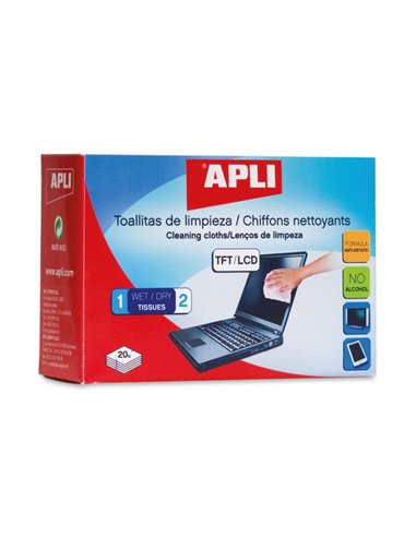 Lingettes nettoyantes électroniques Apli - Antistatiques - Contient 20 sachets de lingettes humides et sèches - Sans alcool