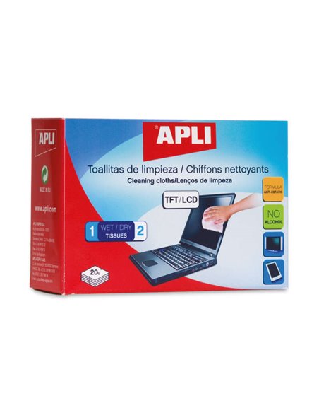 Lingettes nettoyantes électroniques Apli - Antistatiques - Contient 20 sachets de lingettes humides et sèches - Sans alcool
