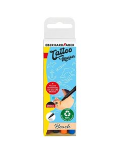 Eberhard Faber Tattoo Marker Beach Pack de 4 marqueurs pour tatouages ​​temporaires + 4 pochoirs avec plus de 20 motifs - Temps 
