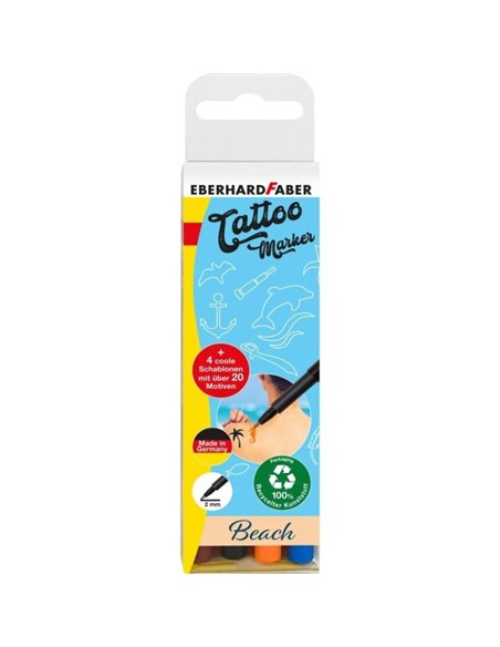 Eberhard Faber Tattoo Marker Beach Pack de 4 marqueurs pour tatouages ​​temporaires + 4 pochoirs avec plus de 20 motifs - Temps 