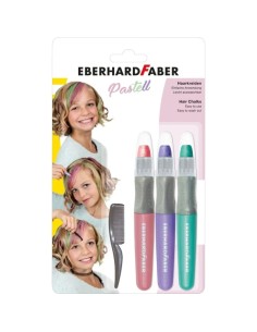Pack de 3 craies pastel pour cheveux Eberhard Faber + 1 mini peigne - Appliquer sur cheveux secs - Utiliser le peigne pour répar