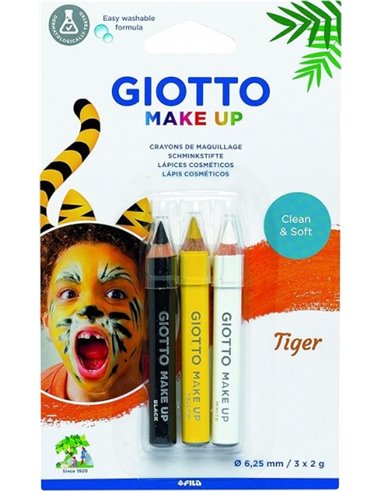 Coffret Tigre Giotto Make Up avec 3 crayons cosmétiques à thème Tigre - Se rince à l'eau - Testé dermatologiquement - Couleurs a