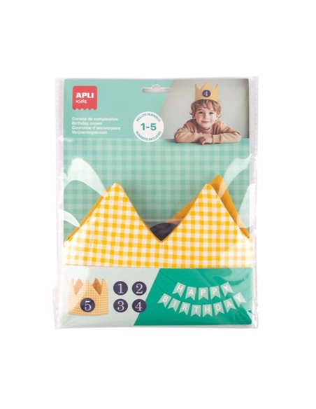 Couronne d'anniversaire pour enfants Apli - Avec chiffres de 1 à 5 - Réglable et réversible - En tissu - Jaune et à carreaux
