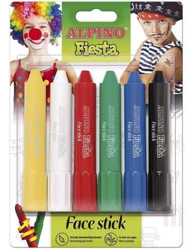 Pack de 6 bâtons de maquillage visage Alpino Fiesta - Système rotatif rétractable - Se rince à l'eau - Testé dermatologiquement