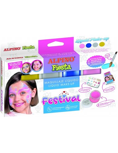 Pack Alpino Fiesta Festival de 4 flacons de maquillage liquide de différentes couleurs + pinceau + guide d'idées - Se rince à l'