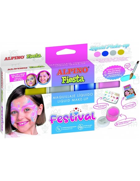 Pack Alpino Fiesta Festival de 4 flacons de maquillage liquide de différentes couleurs + pinceau + guide d'idées - Se rince à l'