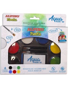 Pack de maquillage Alpino Fiesta Aqua avec palette de maquillage aquarelle 6 couleurs + 2 pinceaux + éponge et guide d'instructi