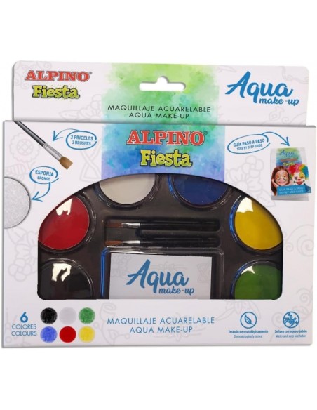 Pack de maquillage Alpino Fiesta Aqua avec palette de maquillage aquarelle 6 couleurs + 2 pinceaux + éponge et guide d'instructi
