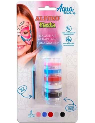 Pack maquillage Alpino Fiesta Aqua : tour de maquillage aquarelle pour le visage avec 5 couleurs différentes + pinceau + éponge 