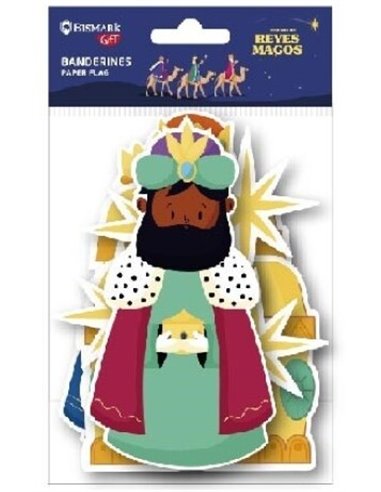 Pack de fanions en papier à suspendre Bismark Trois Rois - Rois, étoiles et coffres - Ficelle non incluse