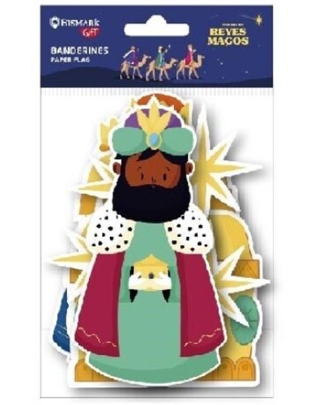 Pack de fanions en papier à suspendre Bismark Trois Rois - Rois, étoiles et coffres - Ficelle non incluse