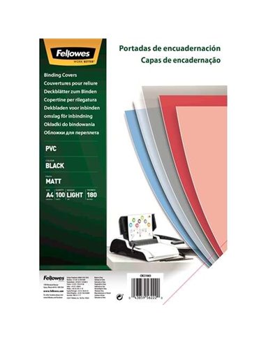 Fellowes Lot de 100 couvertures de reliure A4 en PVC - 180 microns - Finition de qualité - Noir