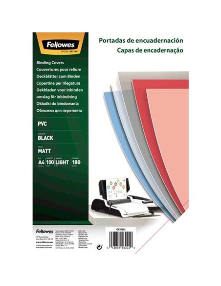 Fellowes Lot de 100 couvertures de reliure A4 en PVC - 180 microns - Finition de qualité - Noir