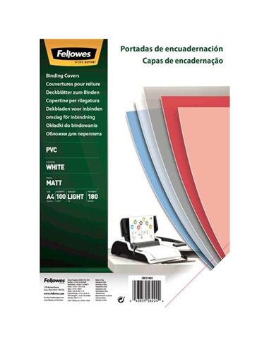 Fellowes Lot de 100 couvertures de reliure A4 en PVC – 180 microns – Haute qualité – Blanc