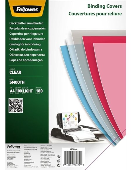Fellowes Lot de 100 couvertures de reliure A4 en polyéthylène 180 microns - Produit recyclable - Transparent