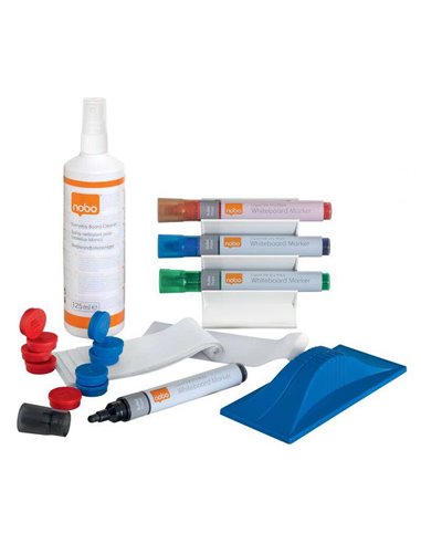 Pack d'accessoires pour tableau blanc Nobo - Comprend 4 marqueurs, une gomme magnétique, un spray nettoyant et 10 aimants - Prat