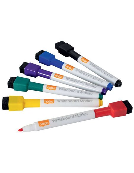 Marqueur pour tableau blanc Nobo Mini avec capuchon effaceur magnétique - 6 couleurs assorties - Pointe fine 2 mm - Se démarque 