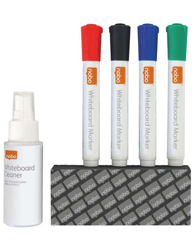 Pack d'accessoires pour tableau blanc Nobo - Comprend : 4 marqueurs pour tableau blanc, une gomme et un spray nettoyant de 50 ml