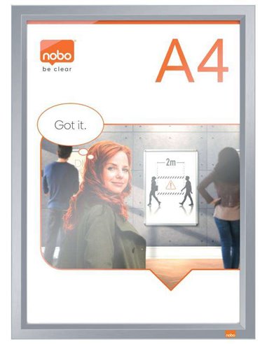 Porte-affiches Nobo A4 à clip en aluminium - Cadre anodisé - Changement rapide et facile - Blanc