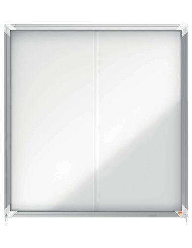 Vitrine d'intérieur Nobo pour 12 feuilles A4 avec surface magnétique et porte coulissante - 997 x 972 x 54 mm - Surface métalliq