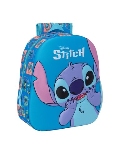 Sac à dos Safta Stitch 3D - Dragonne - Porte-bouteille latéral - 27 x 33 x 10 cm - Bleu