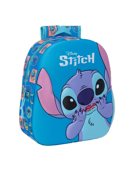 Sac à dos Safta Stitch 3D - Dragonne - Porte-bouteille latéral - 27 x 33 x 10 cm - Bleu