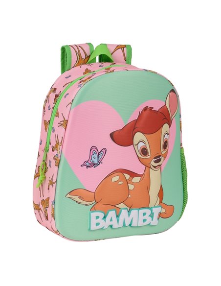 Sac à dos Safta Bambi 3D - Poignée - Porte-bouteille latéral - 27 x 33 x 10 cm - Vert pastel
