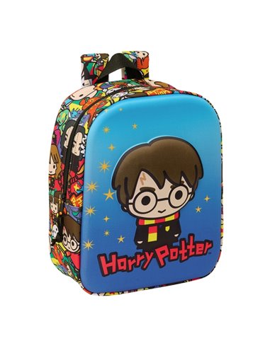 Sac à dos Safta Harry Potter 3D pour maternelle - Poignée - Compartiment principal avec fermeture éclair - 22 x 27 x 10 cm - Ble