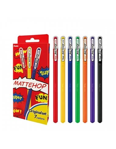 Stylos à bille Pentel Mattehop Original, lot de 7 – Pointe de 1 mm, trait de 0,5 mm, encre gel opaque, fabriqué à 55 % de matéri