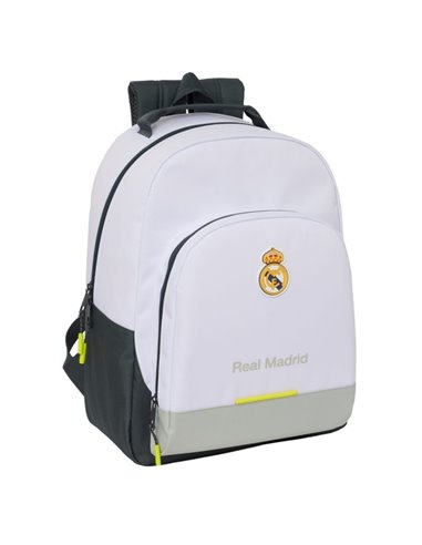 Sac à dos d'école Safta Real Madrid Extérieur 25/26 - Adaptable à la voiture - Poignée - 32 x 42 x 15 cm - Blanc