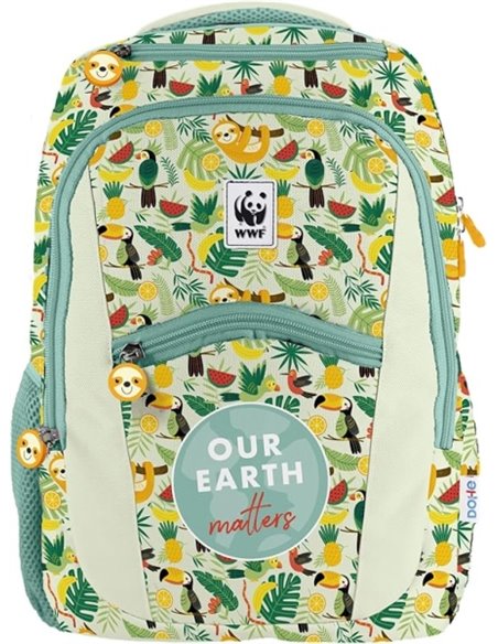 Sac à dos scolaire Dohe WWF Tropic - Compartiment principal avec poche rembourrée - Poches latérales pour boissons - Dos rembour