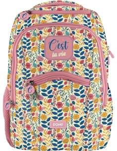 Sac à dos d'école Dohe C'est la Vie - Compartiment principal avec poche rembourrée - Poches latérales pour boissons - Dos rembou