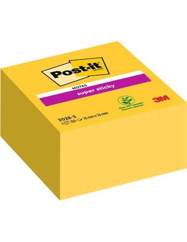 Cube de 350 notes adhésives repositionnables Post-It Super Sticky - 76 x 76 mm - 100 % PEFC - Jaune