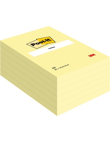 Post-It Pack de 6 blocs de 100 notes autocollantes repositionnables - Forme rectangulaire - 101 x 152 mm - Jaune clair