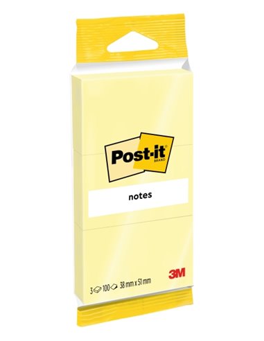 Post-It Pack de 3 Blocs de 100 Notes Repositionnables - 38x51mm - 100% PEFC - Jaune Clair